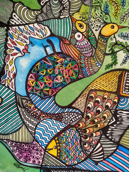Drawing titled "Inner life with pea…" by Sanjay Punekar, Original Artwork, Ink