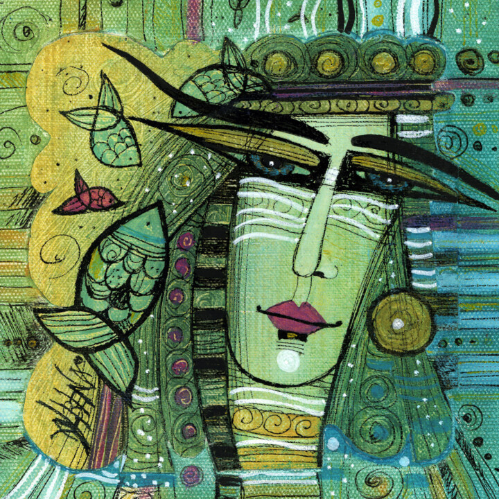 Collages intitulée "Poissons dans mes c…" par Albena Vatcheva, Œuvre d'art originale, Huile Monté sur Châssis en bois