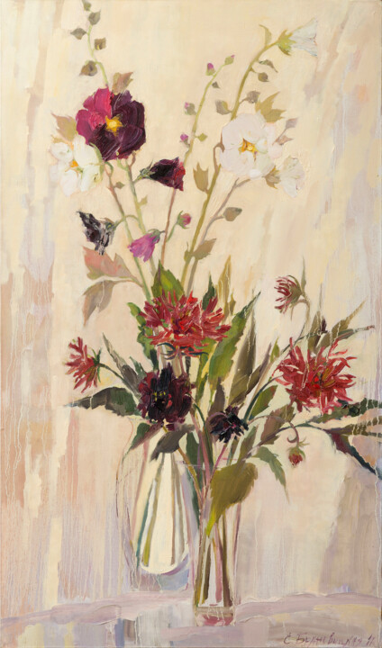 제목이 "mallow and dahlias"인 미술작품 Elena Branovitskaya로, 원작, 기름 나무 들것 프레임에 장착됨