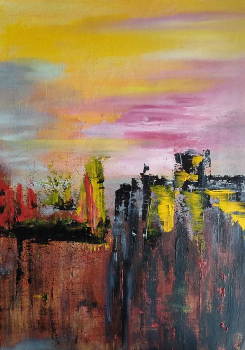 Painting titled "Skyline" by Atignas Art, Original Artwork, Oil Mounted on Wood Panel