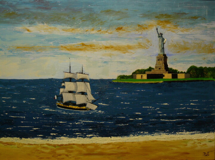 Pintura titulada "L'Hermione croisant…" por Pich, Obra de arte original, Acrílico Montado en Bastidor de camilla de madera