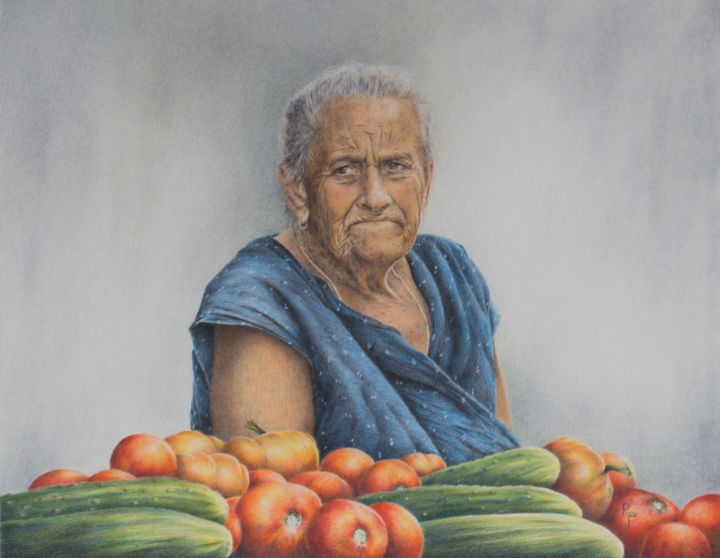 Malerei mit dem Titel "MarktTag" von Ronald Firla, Original-Kunstwerk, Conté-Buntstifte