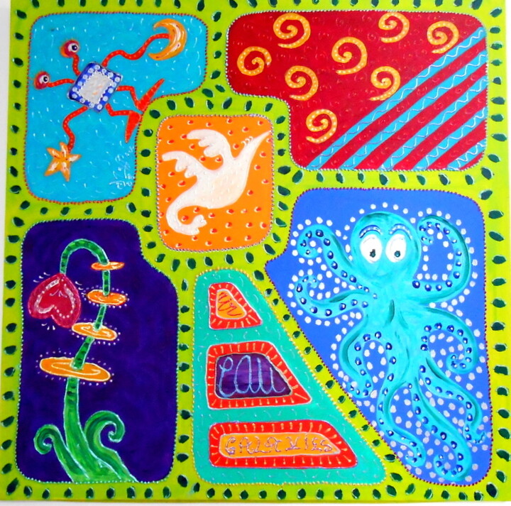 peinture acrylique "oiseau de paradis" -tableau 80 x 80 cm 绘画, 31.5x31.5 in