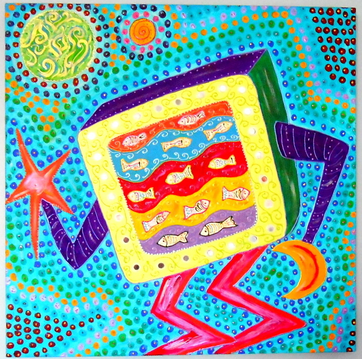 tableau peinture acrylique sur toile "monsieur TV" 绘画, 31.5x31.5 in