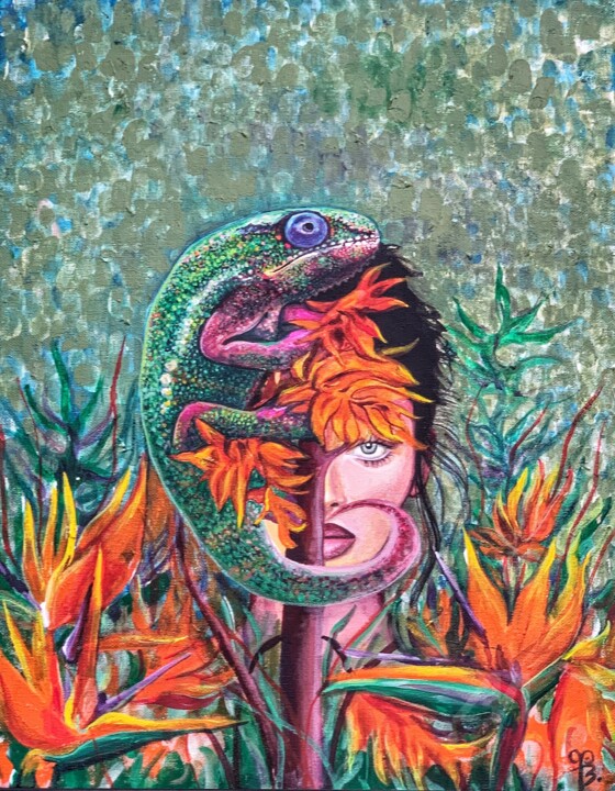 Colorful female portrait with flowers and chameleon 绘画, 19.7x15.8 in