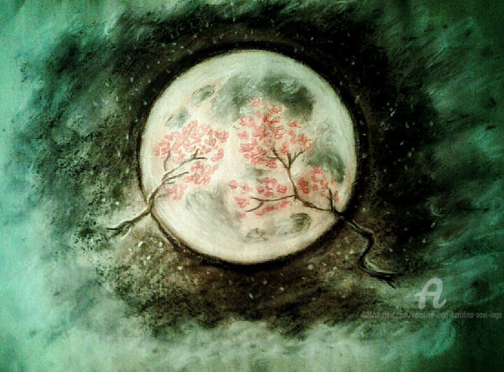 Cherry blossoms. Full Moon Drawing, 13.8x19.7 in