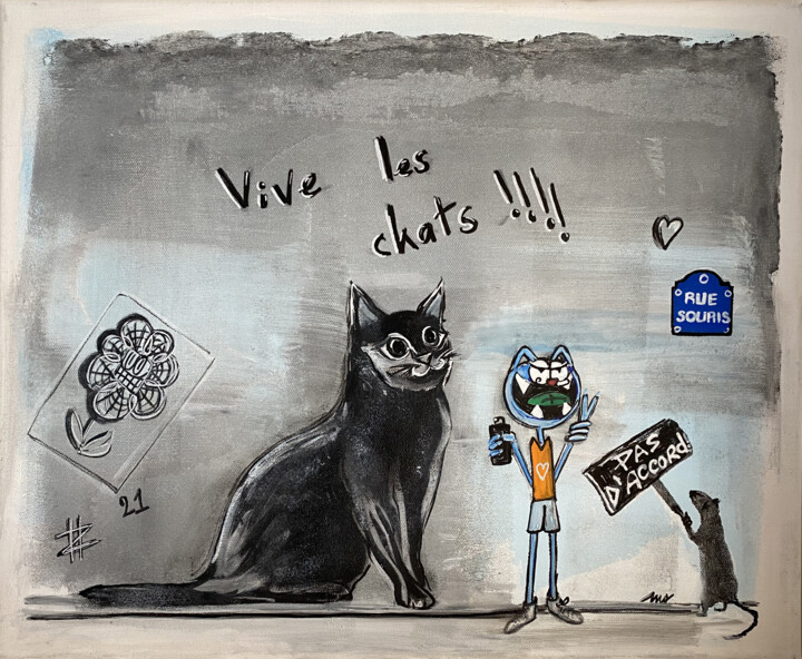 Vive les chats, les palmiers et les fleurs 绘画, 15x18.1 in