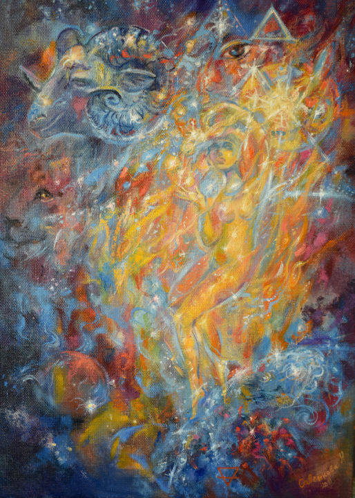 Fantasy Painting Mystical Elements Fire and Earth 绘画, 27.6x19.7 in