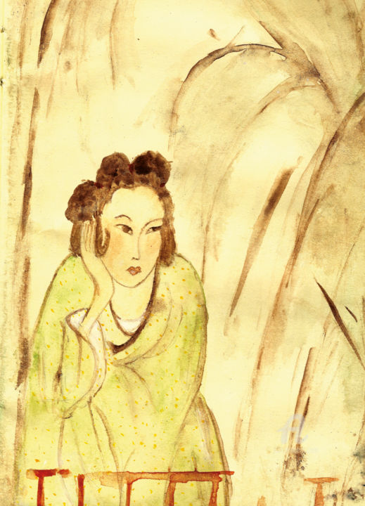 Malerei mit dem Titel "Femme sous un banan…" von Andreja Soleil, Original-Kunstwerk, Aquarell