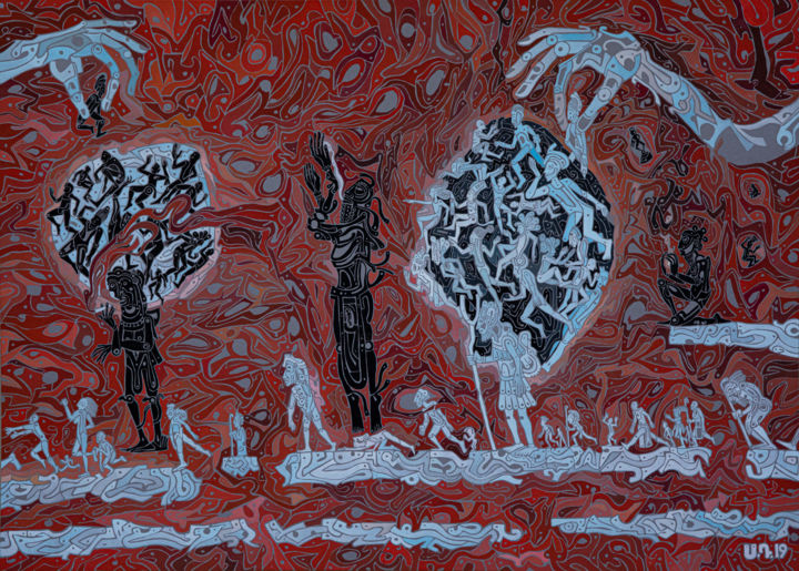 "Продавцы душ,окруженные лавой" 绘画, 19.7x27.6 in