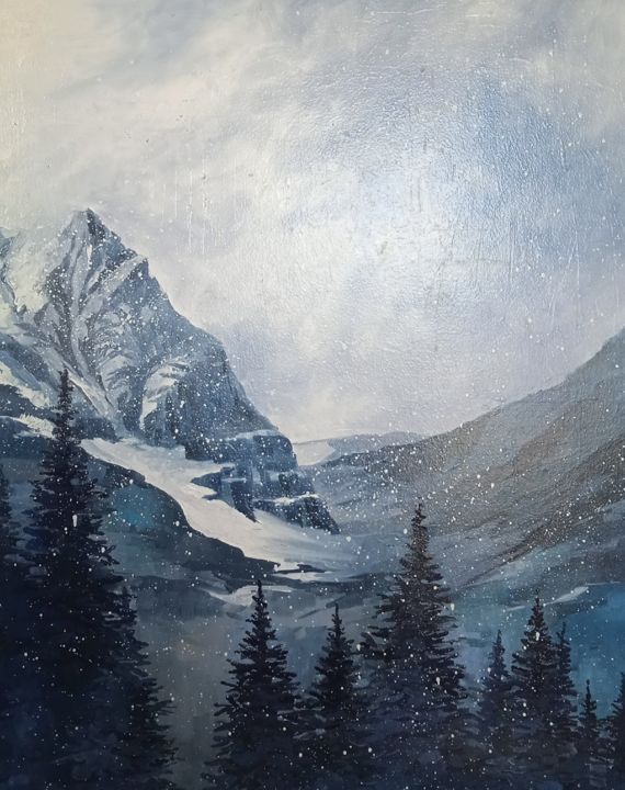 Painting titled "Скалы и снег" by Taisiia Menigecheva, Original Artwork, Oil Mounted on Wood Stretcher frame