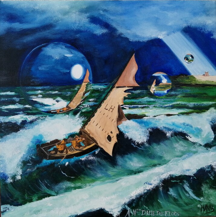 Peinture intitulée "Notre Dame des flots" par Manu Surreabulliste, Œuvre d'art originale, Huile Monté sur Châssis en bois