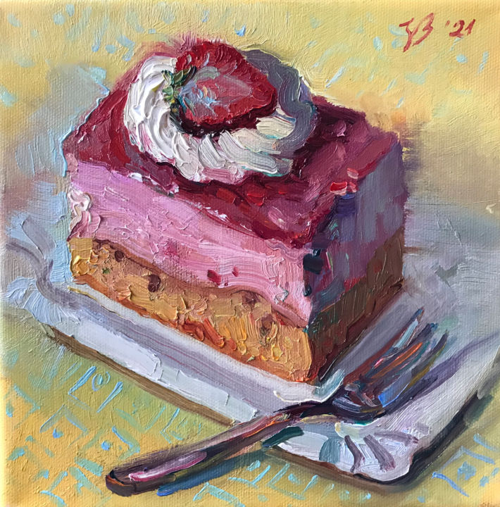 Painting titled "Erdbeer-Quark Kuchen" by Katharina Valeeva, Original Artwork, Oil Mounted on Wood Stretcher frame