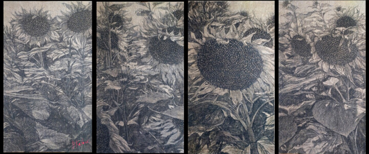 Painting titled "Sonnenblumen" by Viktor Kovalyk, Original Artwork, Watercolor Mounted on Wood Panel