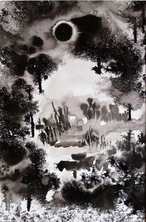 Eclipse à l'auroch - paysage habité 绘画, 12.6x9.5 in