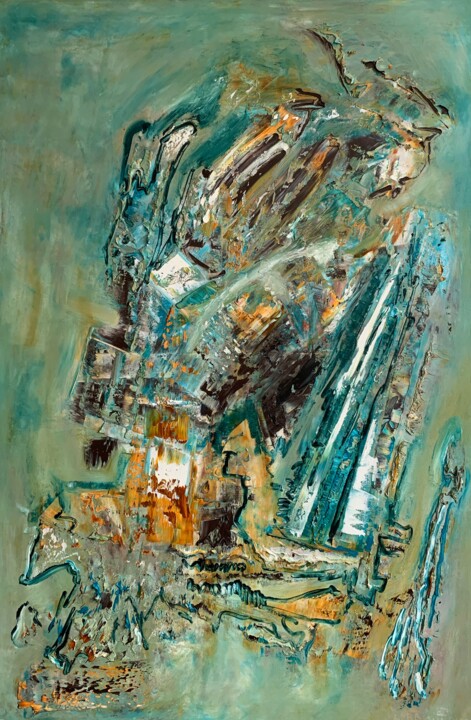 FAITH IN VICTORY oil painting green brown abstract wall art 绘画, 47.2x31.5 in