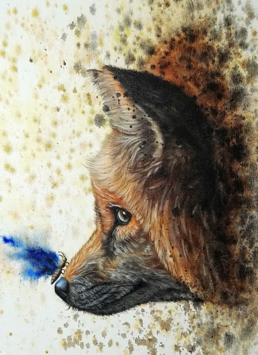 Le renard et le papillon huile sur toile format 40/30 cm 绘画, 15.8x11.8 in