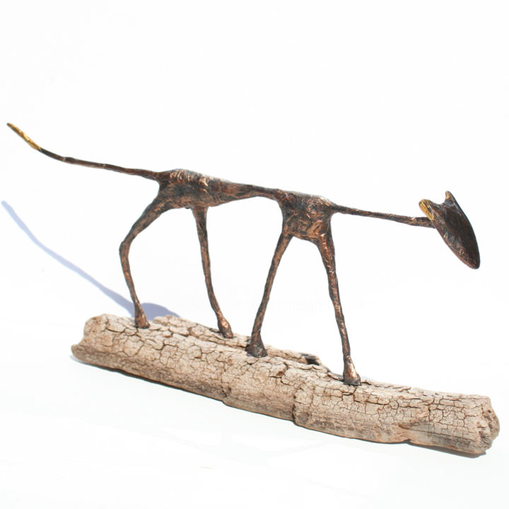 Sculpture de chat aux aguets, socle souche, Giacometti 雕塑, 13.8x5.9 in