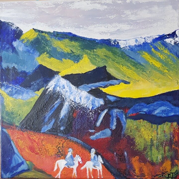 2 cavaliers bleus 绘画, 15.8x15.8 in