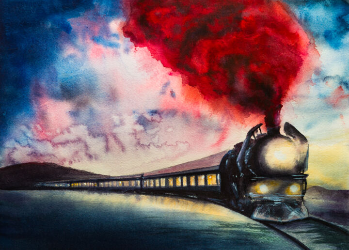 Orient Express at night. 绘画, 11x15 in