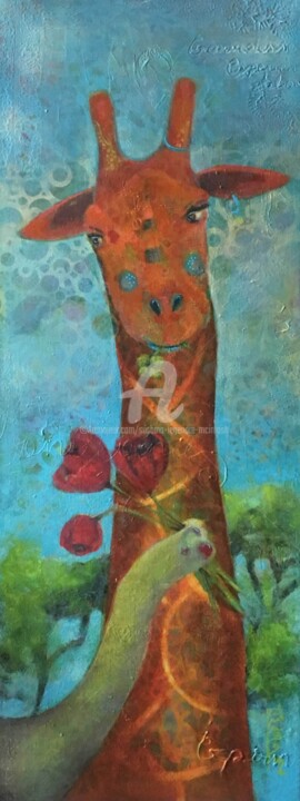 La Girafe étonnée d'être courtisée par un Elephant Collages, 31,5x11,8 in