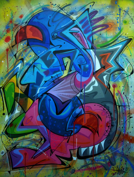 Peinture intitulée "100 titres 51" par Saname, Œuvre d'art originale, Bombe aérosol Monté sur Châssis en bois