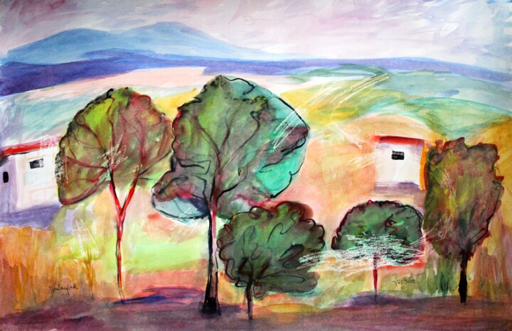 Ζωγραφική με τίτλο "View at Nof-a-Galil" από Janna Shulrufer, Αυθεντικά έργα τέχνης, Ακουαρέλα