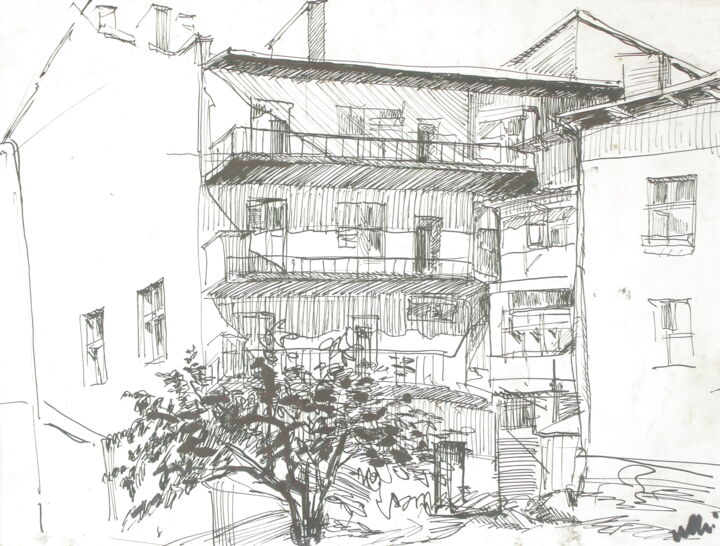 Dessin intitulée "La Cour, Lviv." par Nathalia Chipilova, Œuvre d'art originale, Encre
