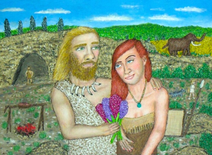绘画 标题为“Neanderthal Love” 由Stephen Warde Anderson, 原创艺术品, 丙烯 安装在其他刚性面板上