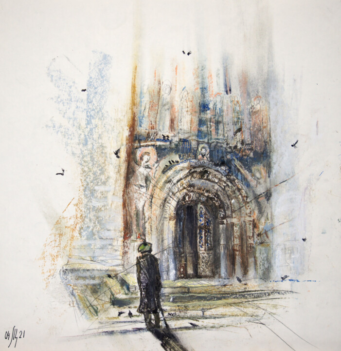 At the door of the Temple - original oil pastel artwork 图画, 11.8x11.4 in