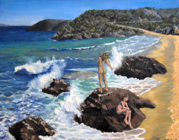 Pintura titulada "A couple on The Rock" por Giorgos Nicolaou (Gncl), Obra de arte original, Oleo Montado en Bastidor de cami…