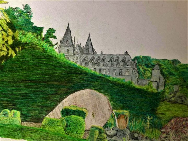 Parc des Topiaires avec vue sur le château de Durbuy Drawing, 11x15.8 in