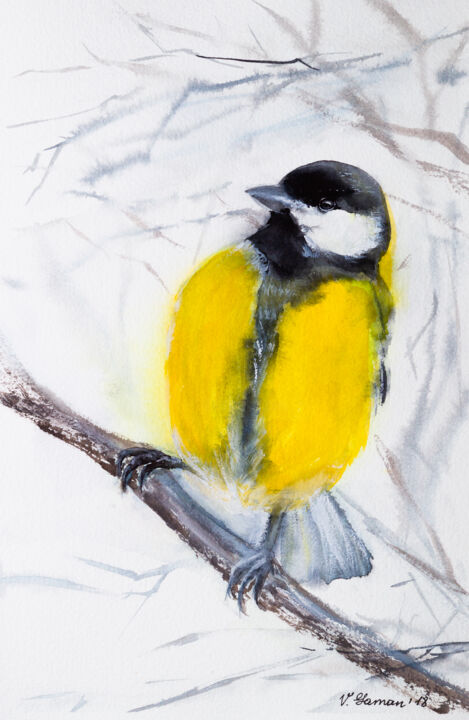 Great tit. Watercolor drawing. 绘画, 11.4x7.5 in