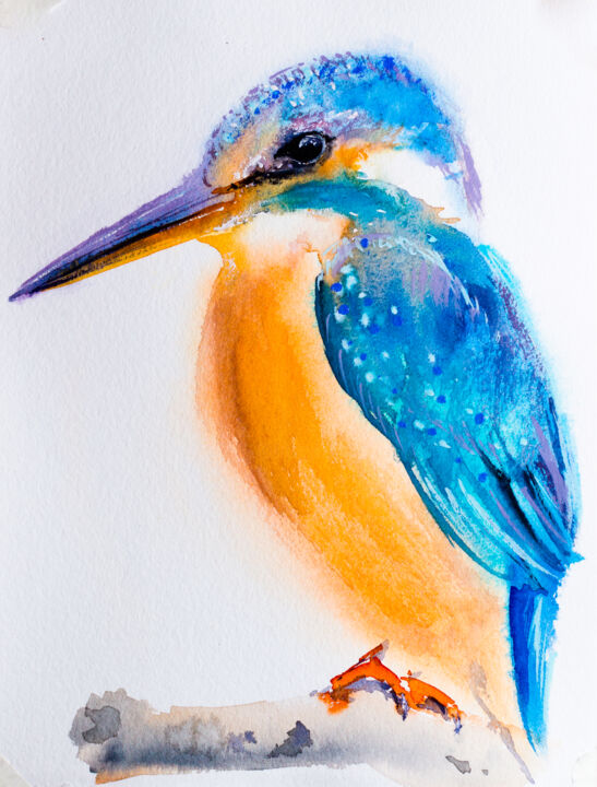 Kingfisher. White background. Watercolor drawing. 绘画, 7.3x5.5 in