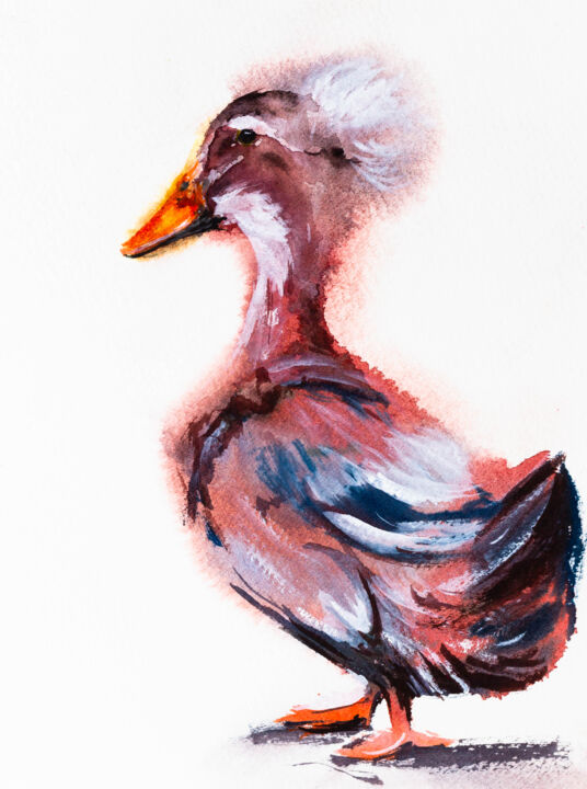 Pompom duck. Watercolor drawing. 绘画, 7.5x5.5 in