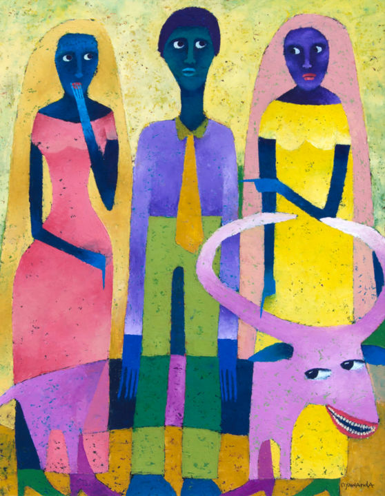 Schilderij getiteld "Two Cows and a Husb…" door Moses Nyawanda, Origineel Kunstwerk, Olie