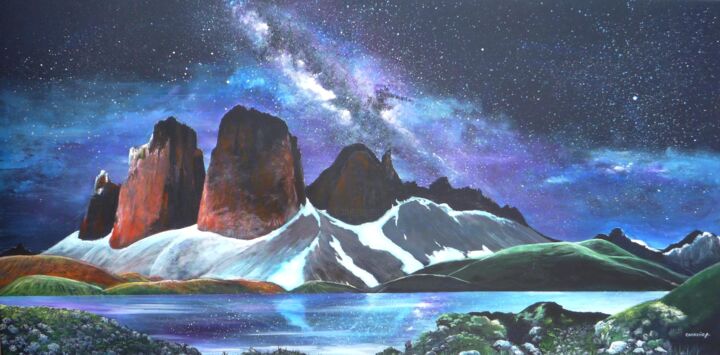 Painting titled "Dolomites et Voie L…" by Carreno Antonio" Le Peintre Des Étoiles", Original Artwork, Acrylic