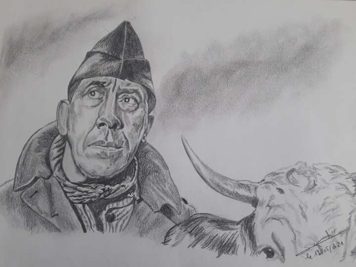 Portrait de Fernandel réalisé au crayon 图画, 11.7x16.5 in