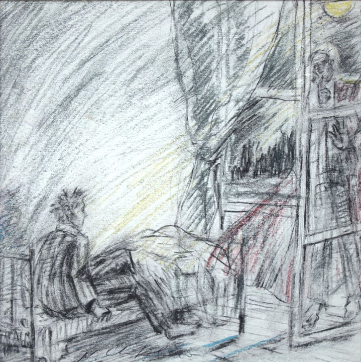 Dessin intitulée "La Visite du Maître" par Nathalia Chipilova, Œuvre d'art originale, Crayon