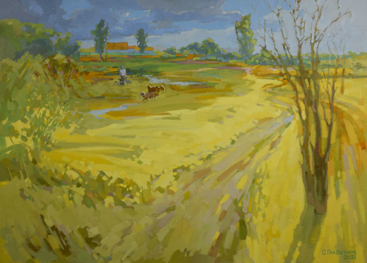 Schilderij getiteld "Outskirts" door Elena Hlavenchuk, Origineel Kunstwerk, Olie Gemonteerd op Frame voor houten brancard