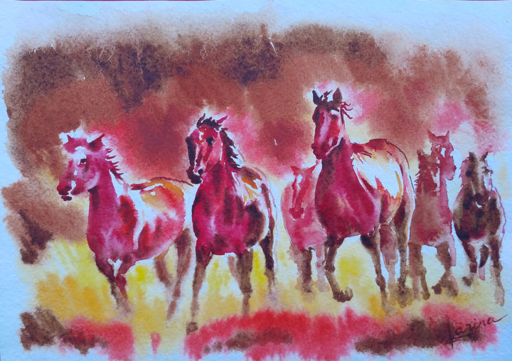 Running horses 绘画, 6.9x9.8 in