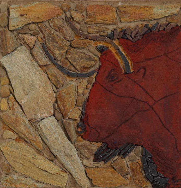 Mosaic panel "Red Bull 2" 雕塑, 10.2x9.8 in