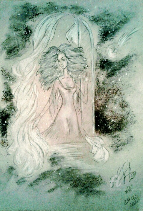Girl at the night window 图画, 19.7x13.8 in