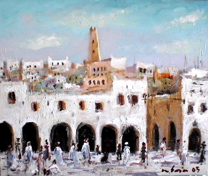 Peinture intitulée "Le souk" par M'Hamed Saci, Œuvre d'art originale