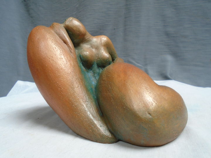 Femme assise tête penchée stylisée terre patinée 雕塑, 5.1x7.1 in