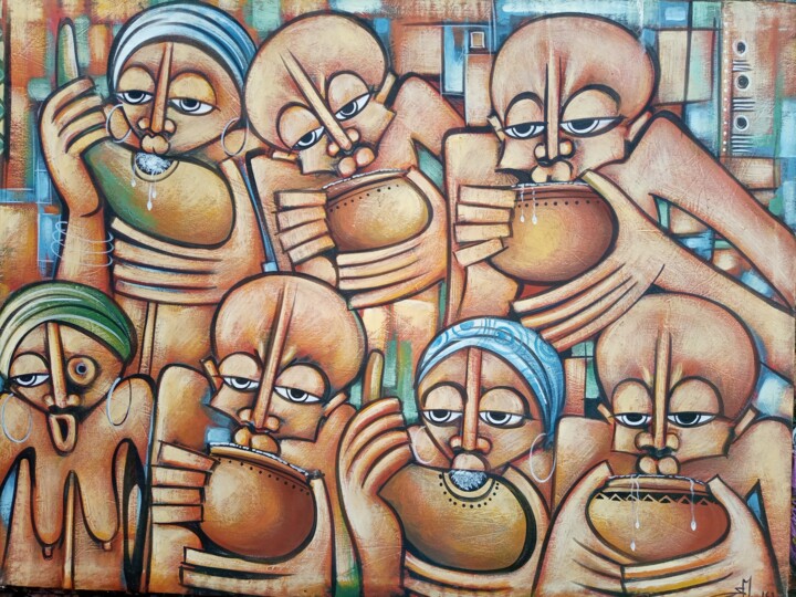 Village people party painting, Geometric oil Painting 绘画, 25.2x35.8 in