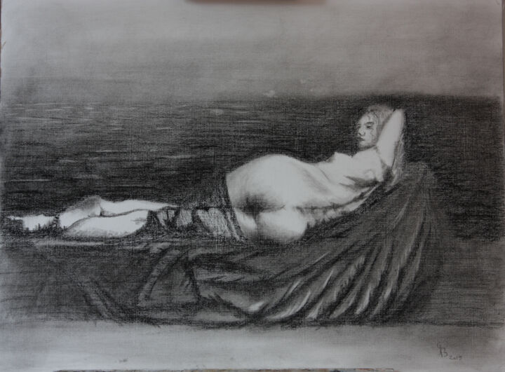 Zeichnungen mit dem Titel "Woman without dress" von Stan Bert Singer, Original-Kunstwerk, Kohle