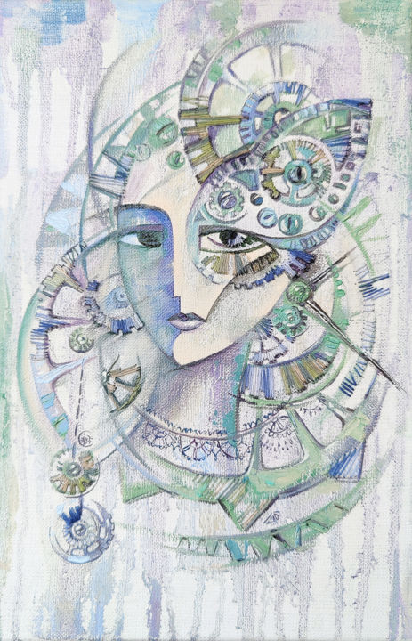 Through the time, pale lilac painting with a woman's face 绘画, 11.8x7.9 in