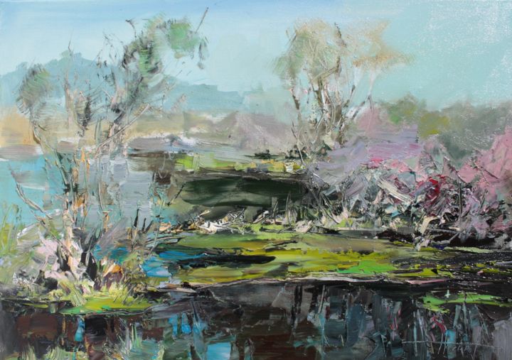 Lake on a spring morning 绘画, 19.7x27.6 in