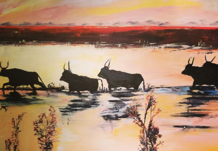La force tranquille des taureaux 绘画, 25.6x36.2 in